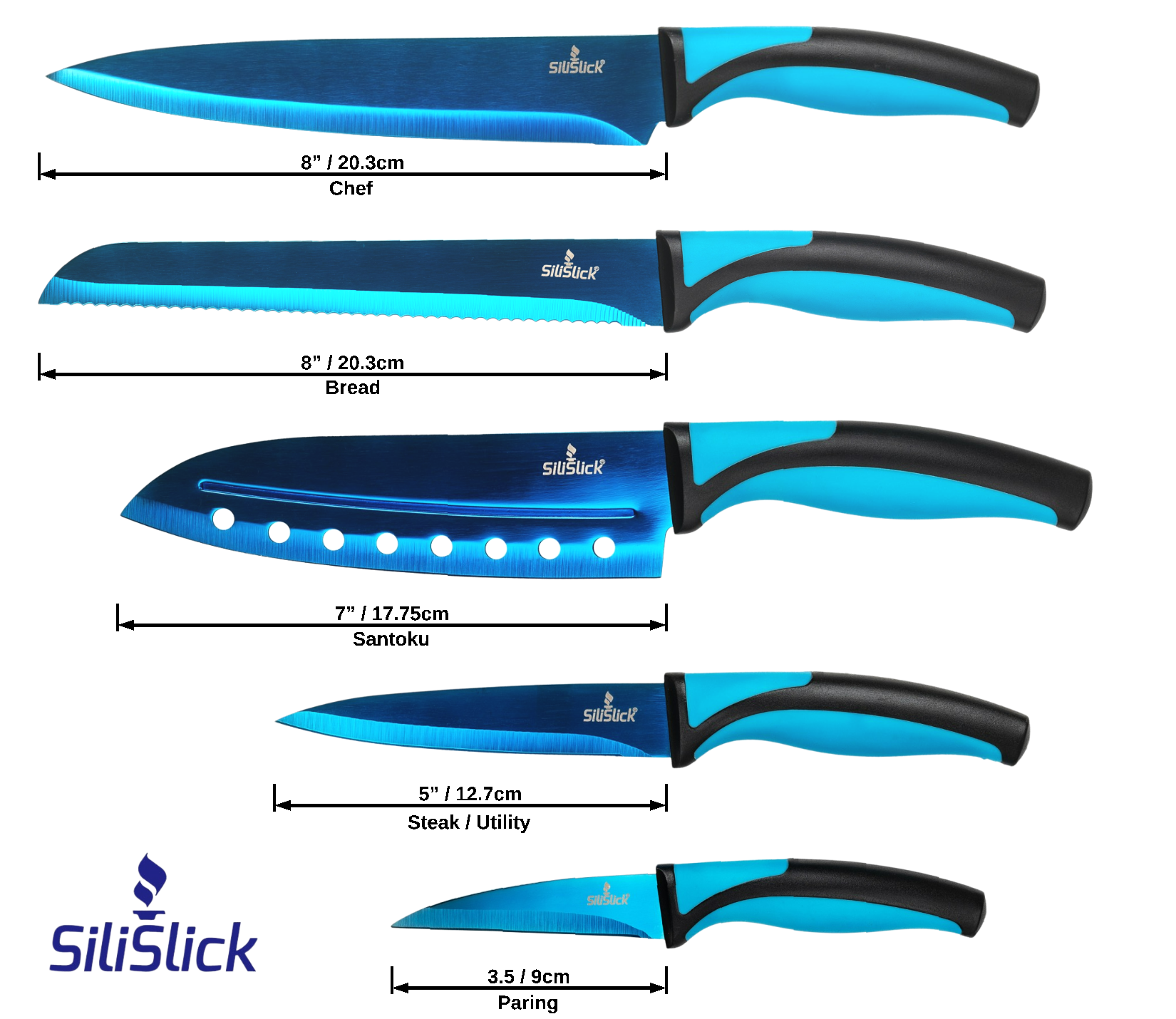 Kitchen Knife Set Kit | Blue Handle, Blue Blade & Black Magnetic Rack